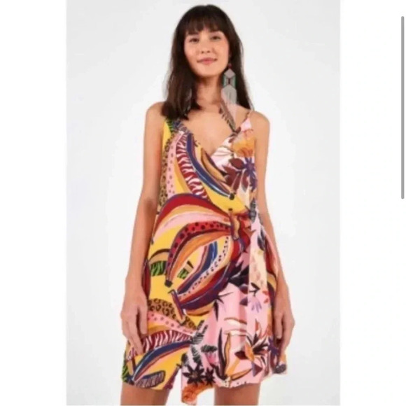 FARM Rio Banana Mix Mini Wrap Dress Plunging V Neck Multicolor: Medium - Picture 1 of 14